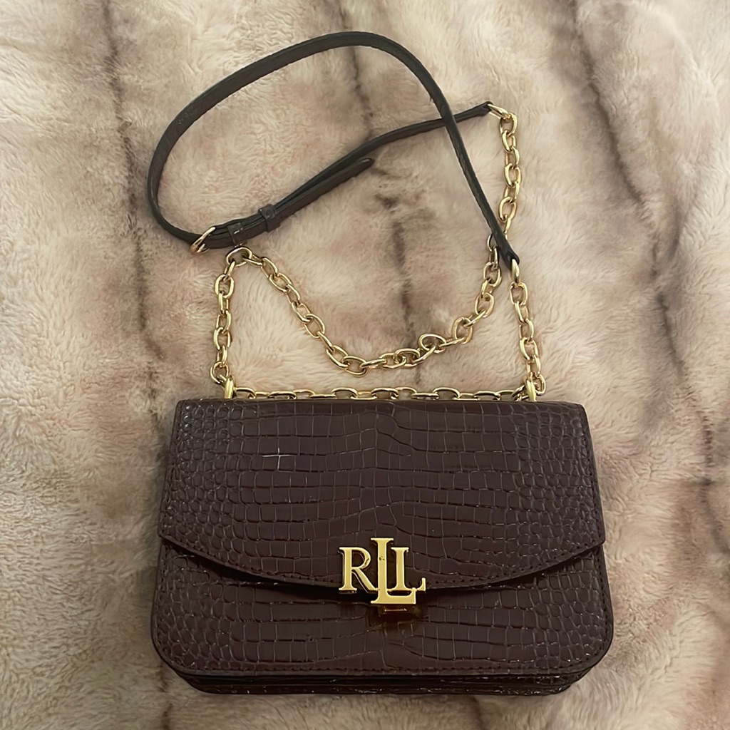 Burgundy Ralph Lauren Croc Bag With Gold Details.